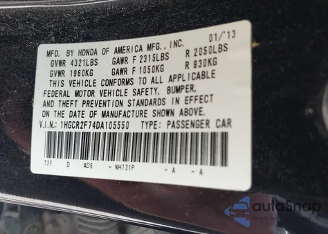 2013 Honda Accord Ex from USA, damaged, VIN 1HGCR2F74DA105550
